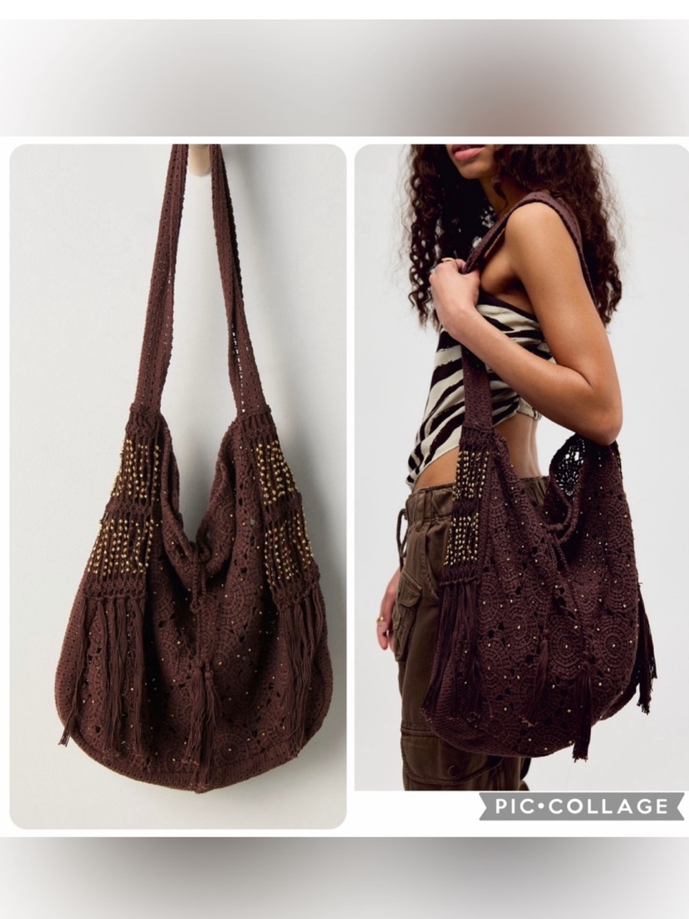 NWT new free people sunrise to sunset crochet bag purse tote brown gold $98